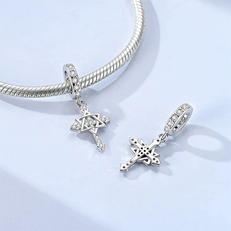New 925 Sterling Silver Hexagram Cross Charms Bead CZ Zircon Dangle Fit 3mm Original Bracelet DIY Women Party Jewelry