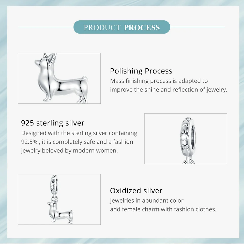 BAMOER 925 Sterling Silver Cute Corgi Charms do bransoletek, klasyczny psi Pawprint DIY wisiorek z koralikami biżuteria prezenty dla dla miłośników