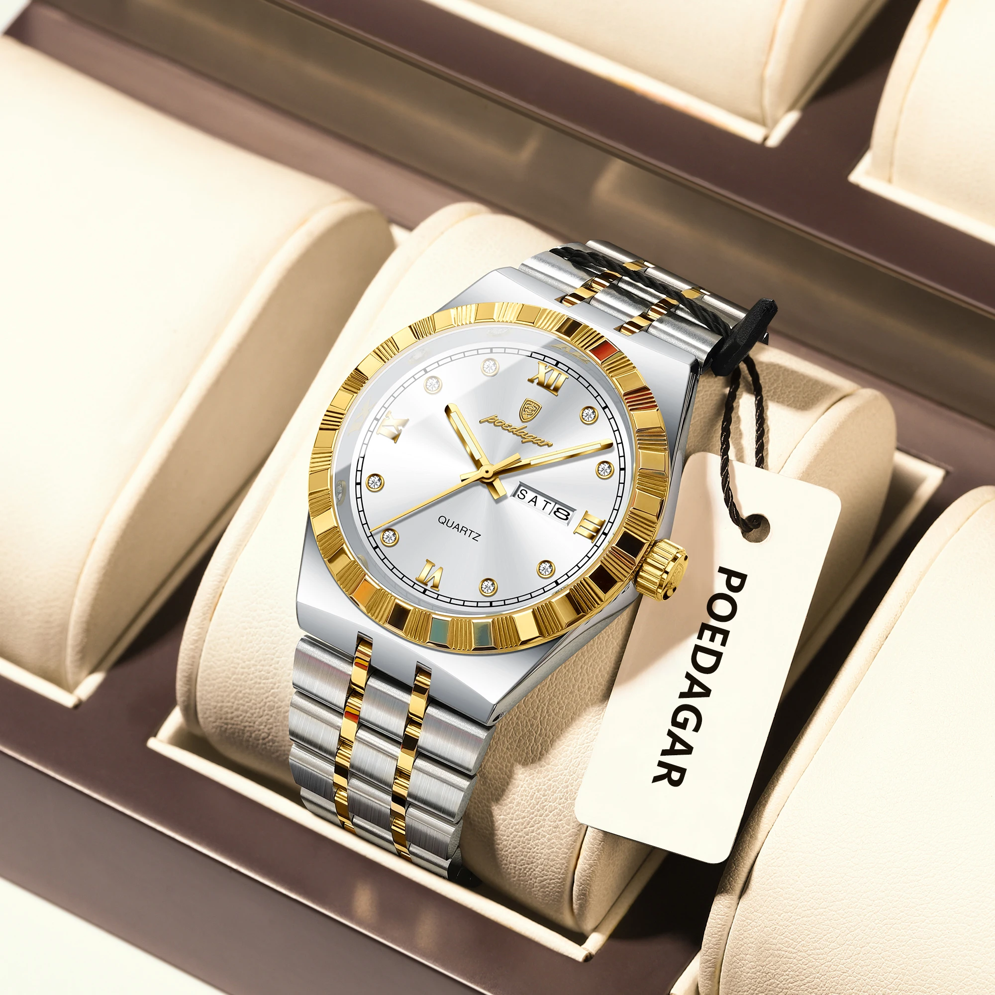 POEDAGAR Original Luxury Man Watch Week Date Waterproof Luminous Wristwatch For Men Stainless Steel Casual Quartz Men’s Watches