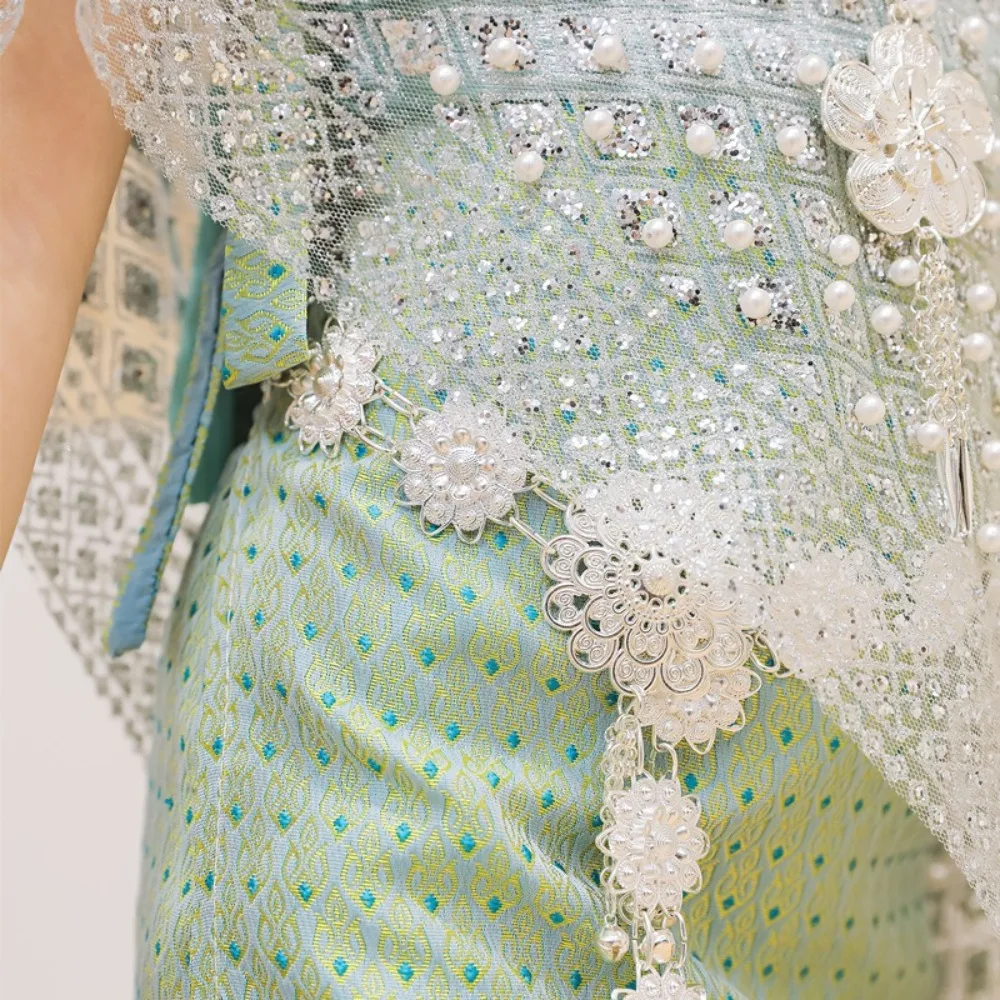 Thailand Style Dai Festival Costume Long Skirt Ethnic Thai Traditional Costume Waist Chain Necklace Thailand Suit Top Skirt