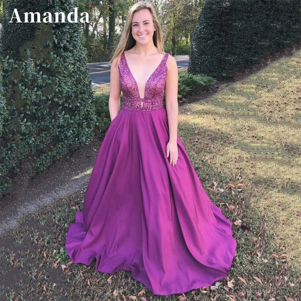 

Amanda Purple A-line Vestidos De Noche Glitter Tops Sleeveless فساتين مناسبة رسمية Sexy A-line Satin Prom Dress 2023