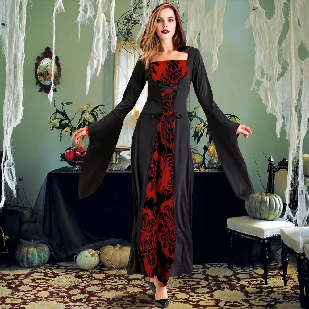 Hooded Medieval Dress Dark Style Halloween Party Costume with Lace-up Strap Hooded Flower Print Long Horn Sleeves Women's A-line