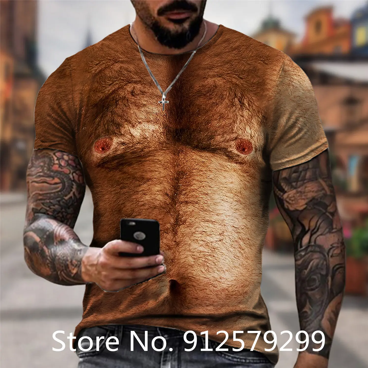 Men\'s Fashion Funny Muscular 3D Printing T-Shirt Casual Muscle Short Sleeve Animal Naked Hairy Man Nude Skin Chest Muscle TShirt