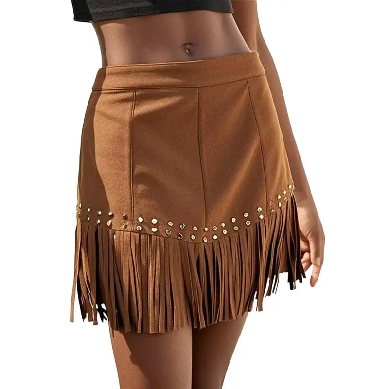 CYL-レディース スエード フリンジ カウガール スカート カントリー コンサート 衣装 ウェスタン ハイウエスト ミニスカート ウェスタン
