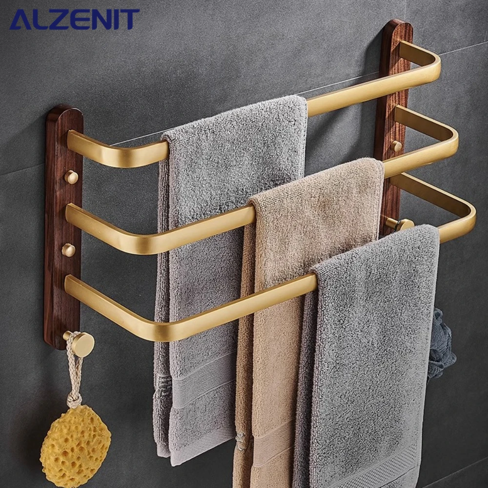 Light Luxury Gold Solid Wood Three Tier Towel Bar Bath Rack Bathroom Shelf Bathroom Hanging Rod Holder Accessories