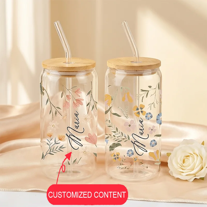 Personalisierte Blumen-Glasbecher 16oz mit Deckel und Strohhalmen, Muttertags-Eiskaffeebecher, für Tee, Saft, Milch