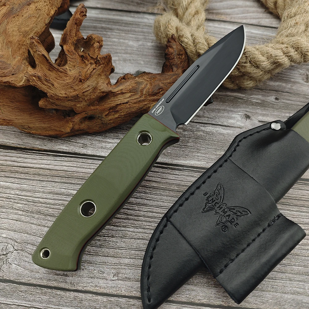 BM 163 Bushcrafter Knife Outdoor Straight Knife G10 Handles D2 Steel Hunting Self Defense Fixed Blade Knives with Leather Sheath