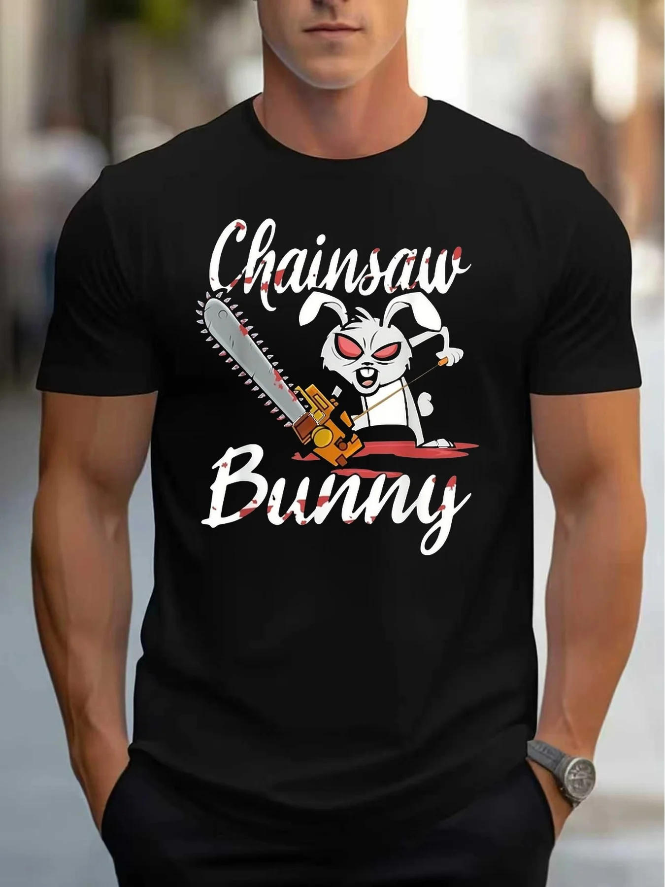 Comfortable Short-Sleeved T-Shirt with a Scary Chainsaw Rabbit Design, Perfect for Halloween and Other Outdoor Activities Throughout the Year, Including Mid-Autumn Festival and National Day
