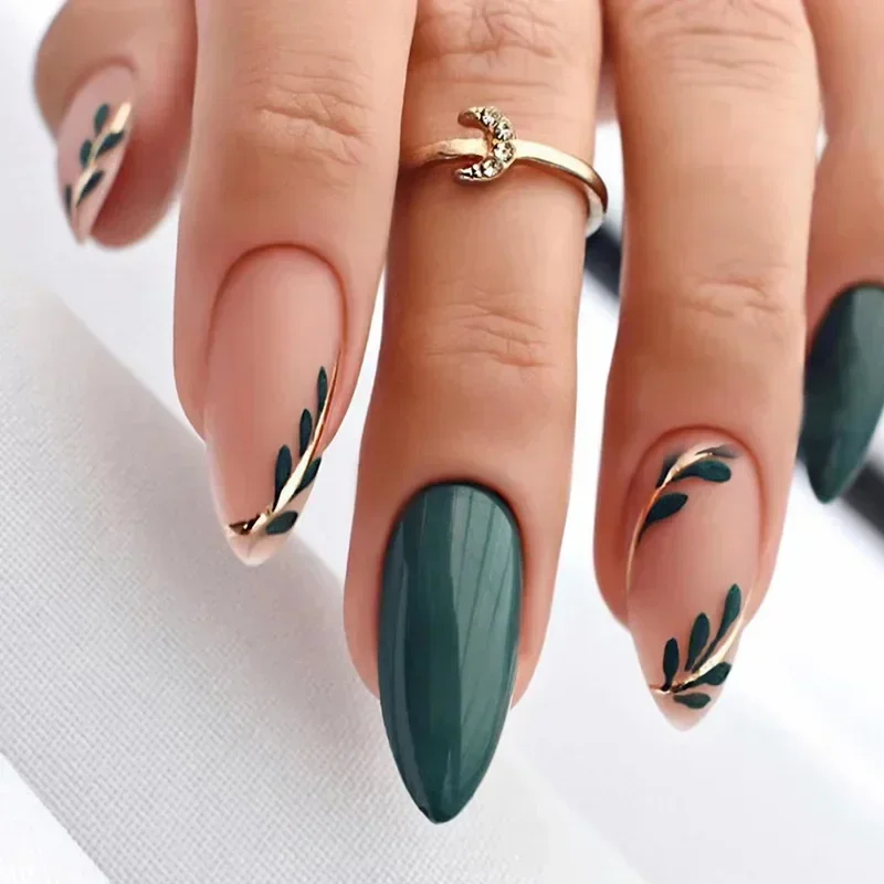 24Pcs Simple Almond Fake Nails with Green Leaves Design Elliptic Acrylic False Nails Wearable French Press on Nail Manicure Tips