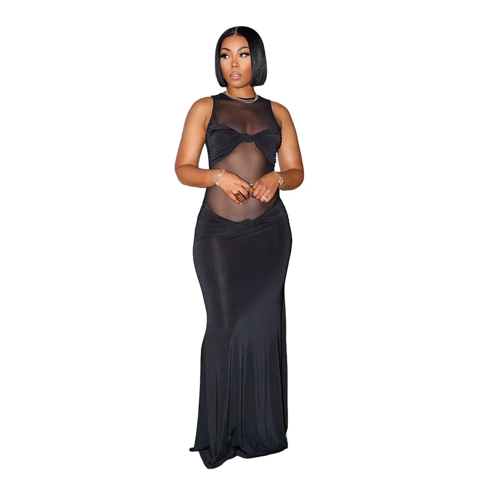 EINY Chic donna maglia vedere anche se maniche da ballo maxi bowknot abito lungo elegante formale sexy festa da sera abiti da strada