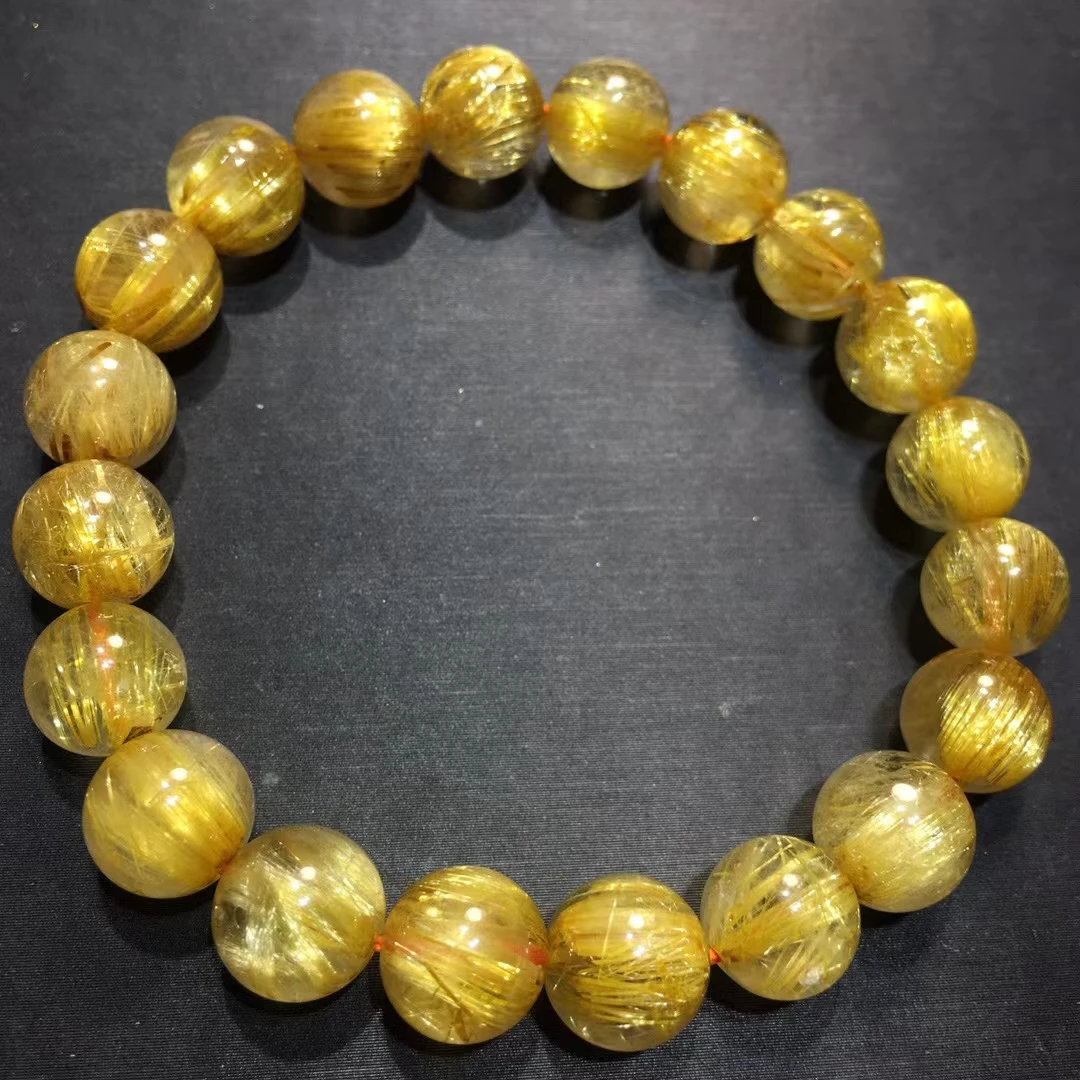 

Natural Gold Rutilated Quartz Bracelet Wealthy For Woman Men 9.5mm Cat Eye Clear Round Beads Jewelry Brazil AAAAA