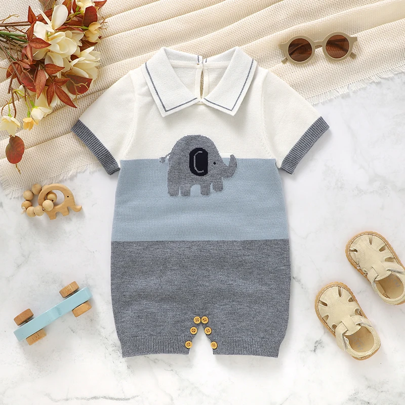 Newborn Baby Rompers Striped Knit Infant Boys Jumpsuit Cute Elephant Kid Clothes Child Overalls 0-18M Outfit Short Sleeve Summer