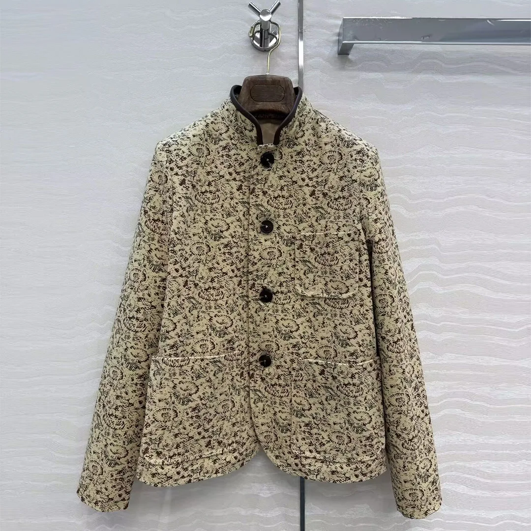 

Old Money Style Vintage Floral Jacquar Blazer Suit Women Stand Collar Long Sleeve Single Breasted Oxford Fabric Casual Jacket