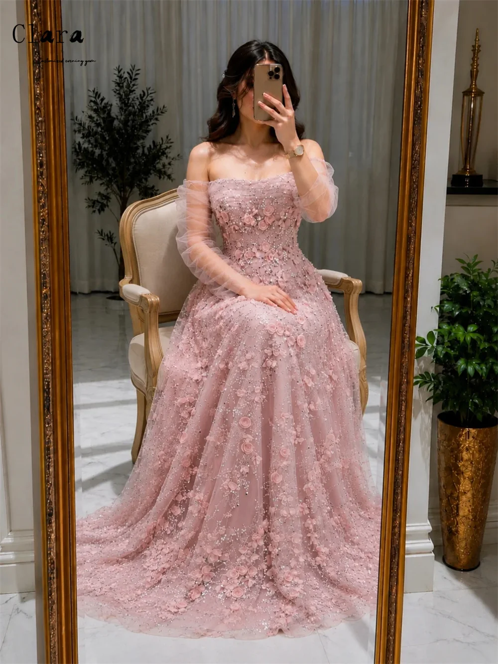 Clara Custom A-line Pink 3D Flowers Lace Dress 2026 Woman Dresses for Wedding Party Dresses Luxury 2026 Evening Gown Elegant New