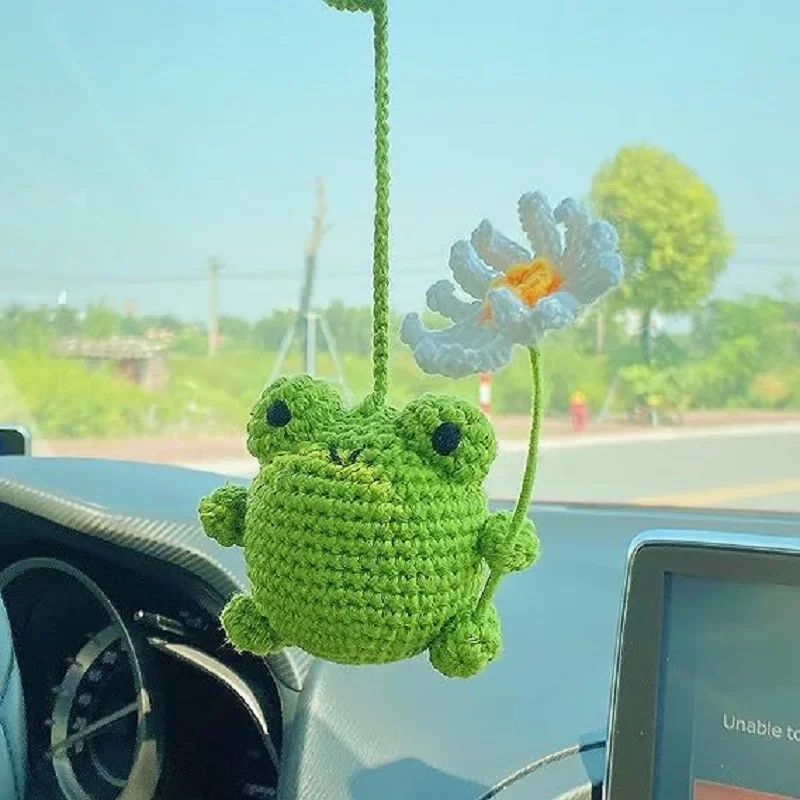 Cute Car Accessories Handmade Crochet Chrysanthemum Frog Car Rearview Mirror Pendant Automotive Interior,House Decorations