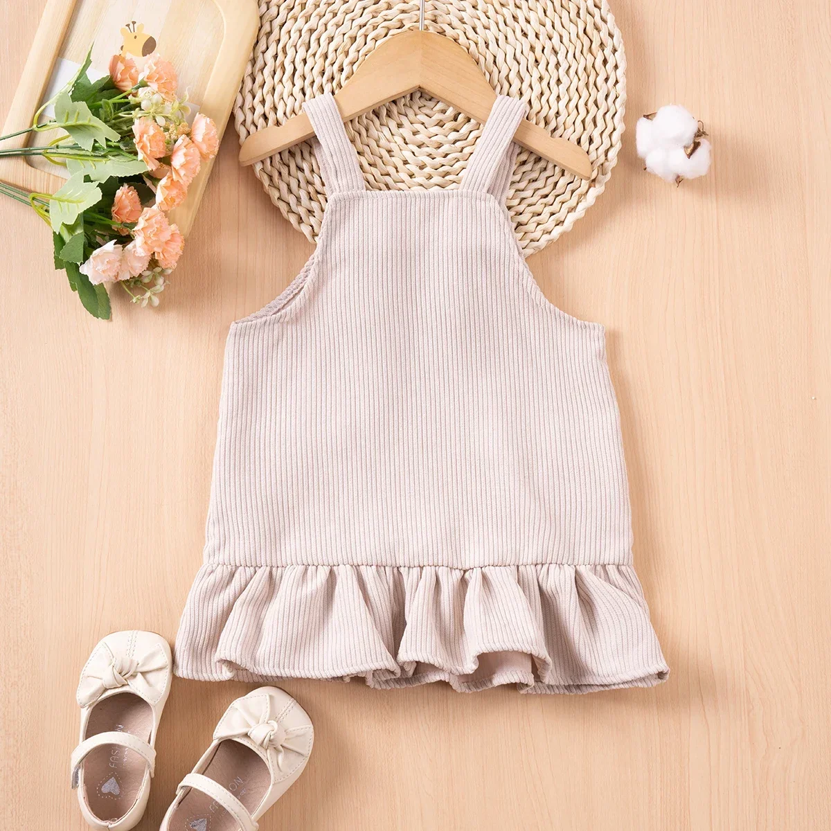 Cute Girls Camisole Dress With Two Little Flowers Corduroy For Early Spring and Autumn Outfit Dress Casual Toddler Kids Clothes