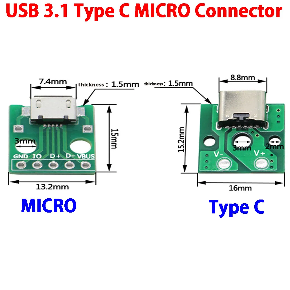 TYPE-C MICRO USB To DIP Adapter Female Connector B Type PCB Converter Breadboard USB-01 Switch Board SMT Mother Seat With Wire