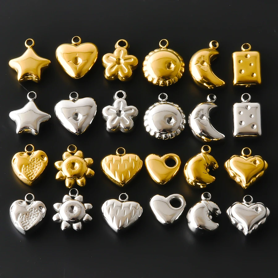 7Pcs Stainless Steel Cute Puffy Pendant Sun Moon Star Heart Flower Delicate Pendants For DIY Necklace Bracelet Jewelry Making