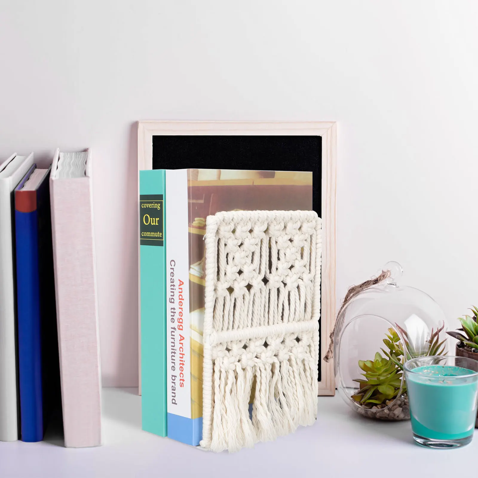 Hand-Woven Cotton Rope Bookend Bohemian Tabletop Book Holder for Office Home Study Multi-Function Book Support Rack