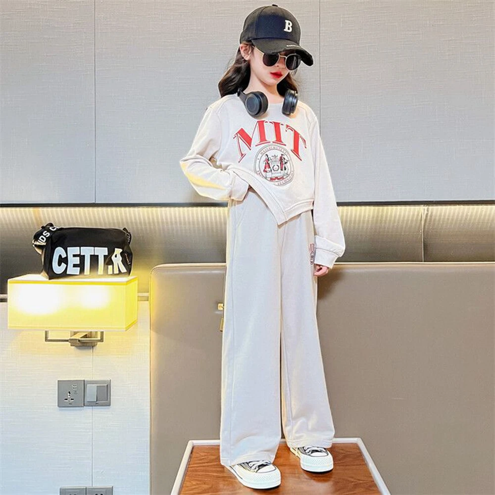 Spring/Autumn Kids Girls Clothes Suit Child Irregular Letters Sweatshirt + Wide Leg Sweatpant Pant Tracksuit 7 8 9 10 11 12 Year