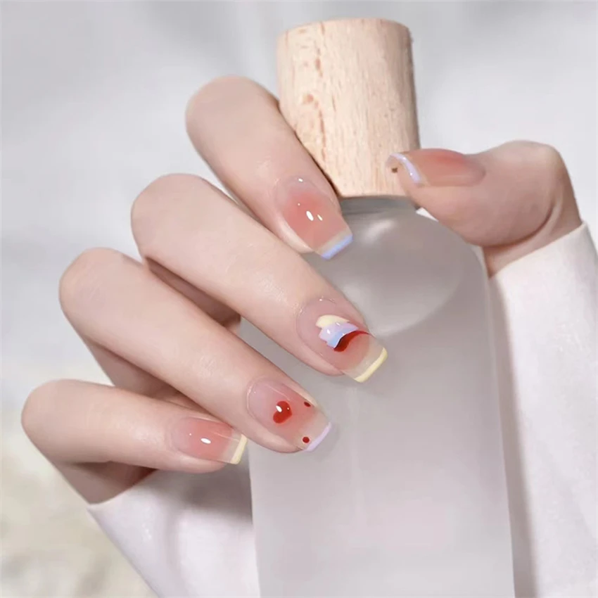 24PCS Short Acrylic Golden Heart Wear Fake Nails Art Glossy Pearl Press on Nails Full Coverage Can Be Removed Reused Nail False view 5
