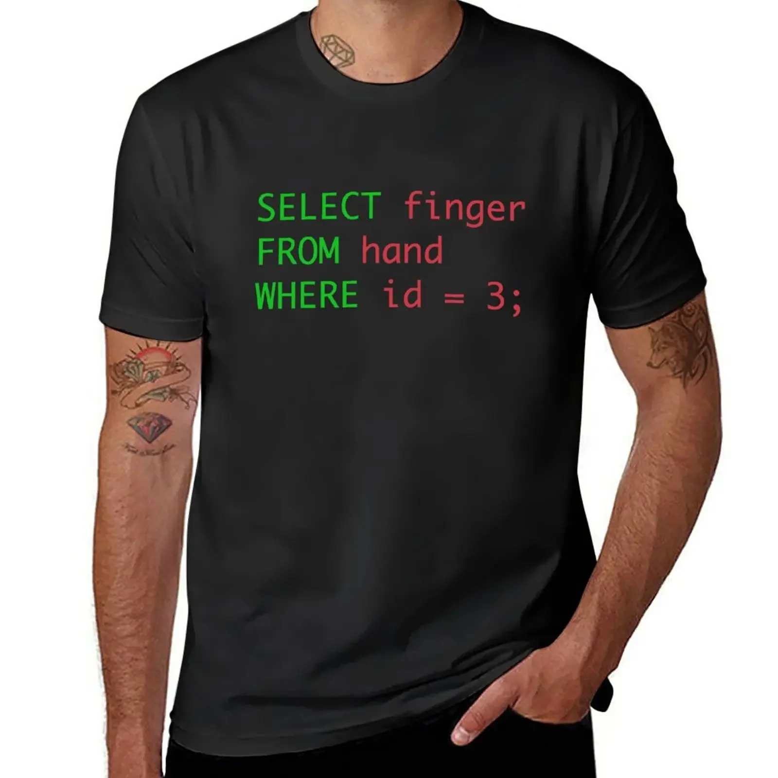 New SQL query humor select finger from hand where id = 3 T-Shirt cute tops t-shirts man clothes for men