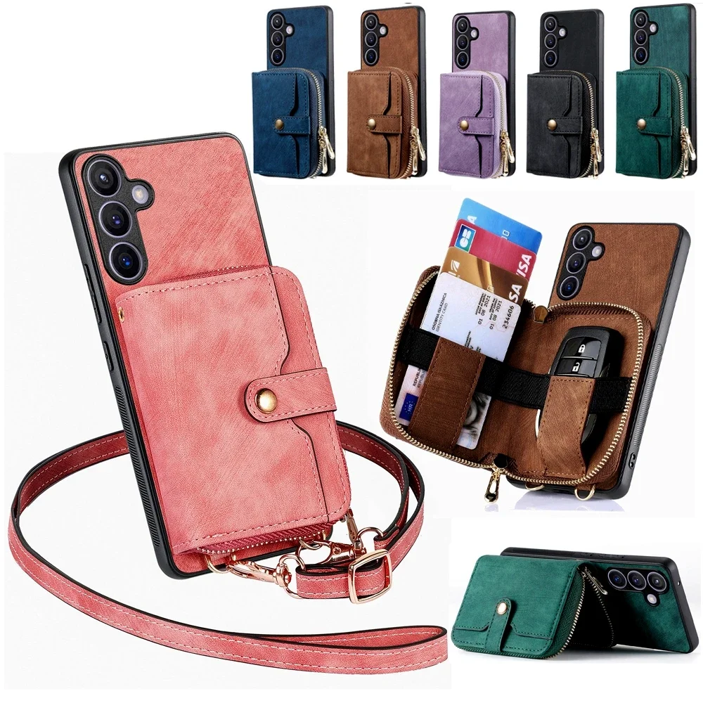 

Card Holder Zipper Wallet Case Leather Phone Cover For Samsung Galaxy S24 Ultra S23 S22 Plus S21 FE A54 A14 A15 Lanyard Stand