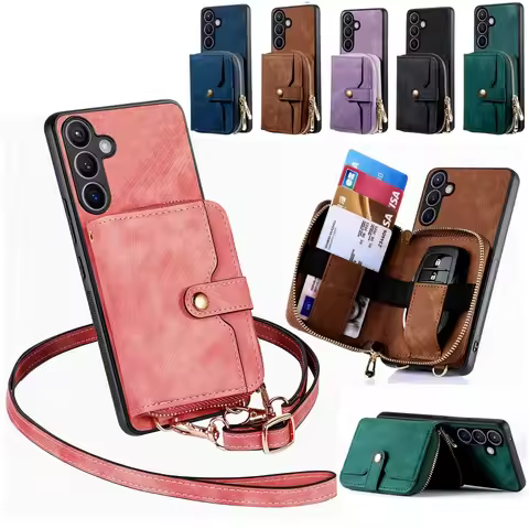 Card Holder Zipper Wallet Case Leather Phone Cover For Samsung Galaxy S24 Ultra S23 S22 Plus S21 FE A54 A14 A15 Lanyard Stand