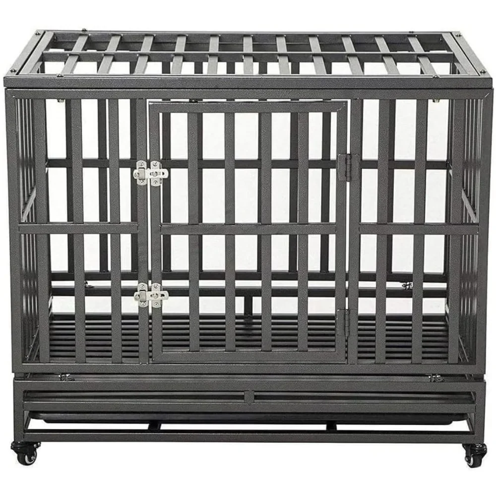 

37Inch Heavy Duty Dog Kennel Strong Metal Dog Cage Pet Crate for Medium and Large Dogs with Four Lockable Wheels Removeable Tray