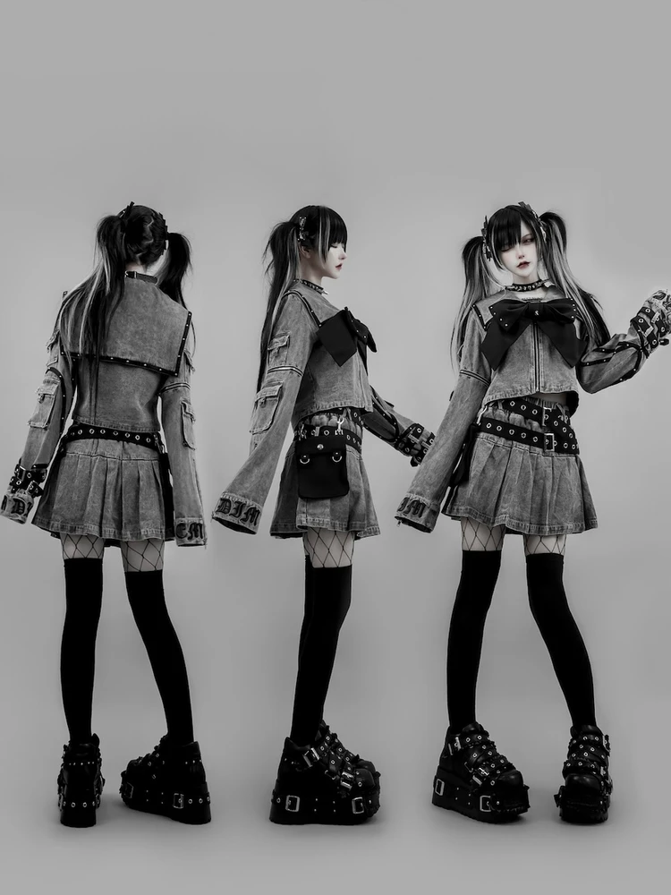 اليابانية Rojita Harajuku نمط كتلة اللون قصيرة سستة القوس القوطية حلقة مستديرة برشام الدنيم سترة معطف تنورة قطعتين مجموعة النساء