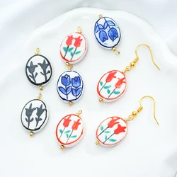 2pcs Double sided Hand-Painted Ceramic Tulip Pendants, Diy Creative Necklace Earrings Keychain, jewelry accessories