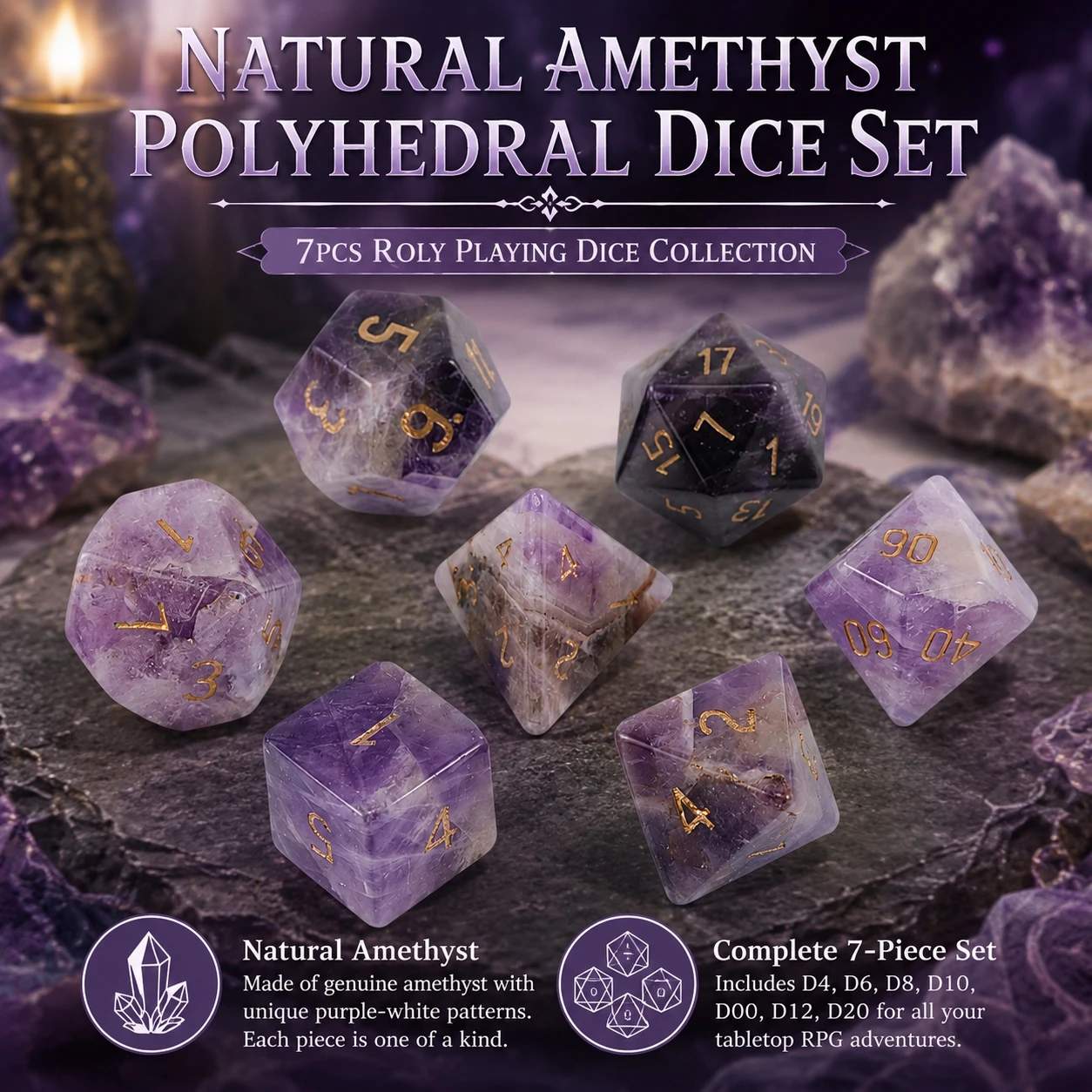 Natural Amethyst Polyhedral DND Crystal Dice Ornaments Jewelry Accept Custom Font Symbol Pattern