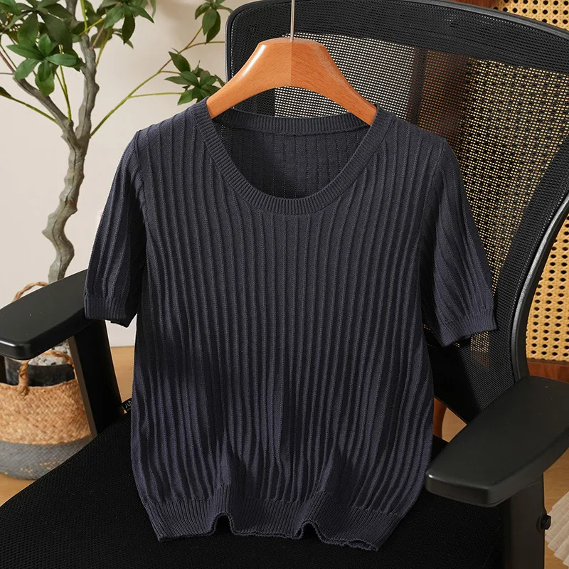 Summer New 100% Pure Cotton round Neck Knitted Loose Short Sleeve Thin Versatile Top T-shirt Women's Fashionable Basic Style