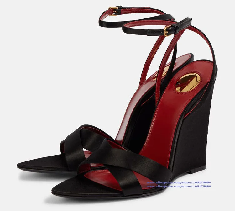 

Patchwork Wedges Women's Sandals Color Block Pointy Toe Satin Cross Strap Pumps Luxury Designer New Sandalias De Mujer Verano