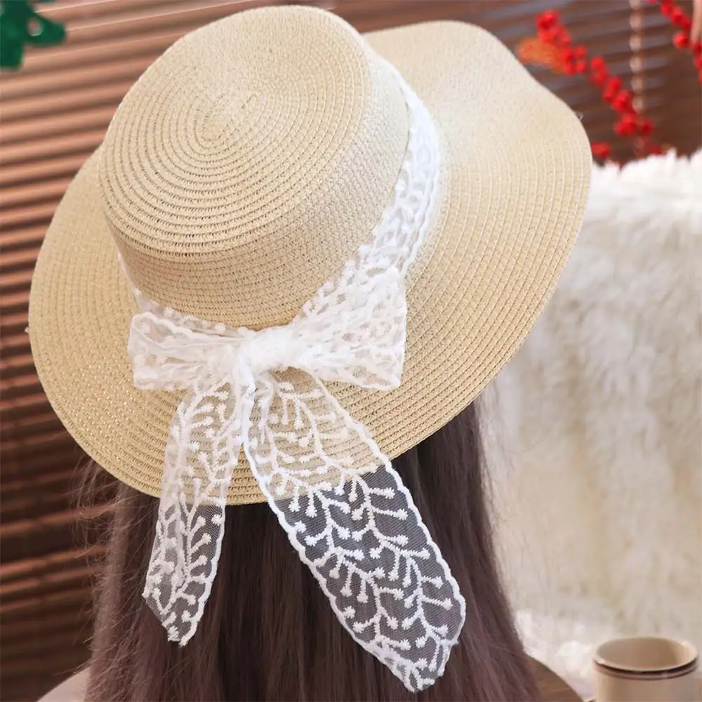 

Ins French Style Bow Ribbon Straw Hat Wide Brim Spring Summer Flat Top Straw Hats Travel Beach Women's Sun Hat Girls