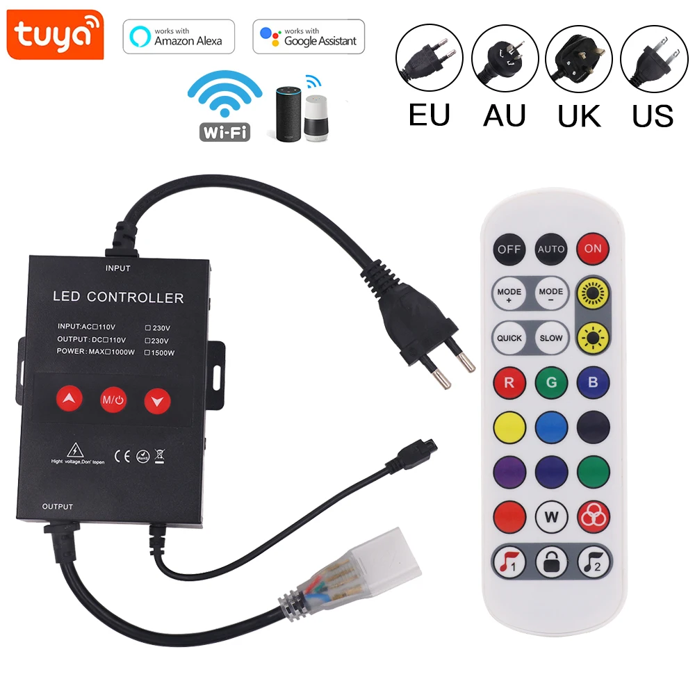 

Tuya Wifi Music Controller Dimmer 1500W with 24Keys Remote for 10MM PCB 5050 2835 RGB LED Strip Neon Light EU UK AU 220V US 110V