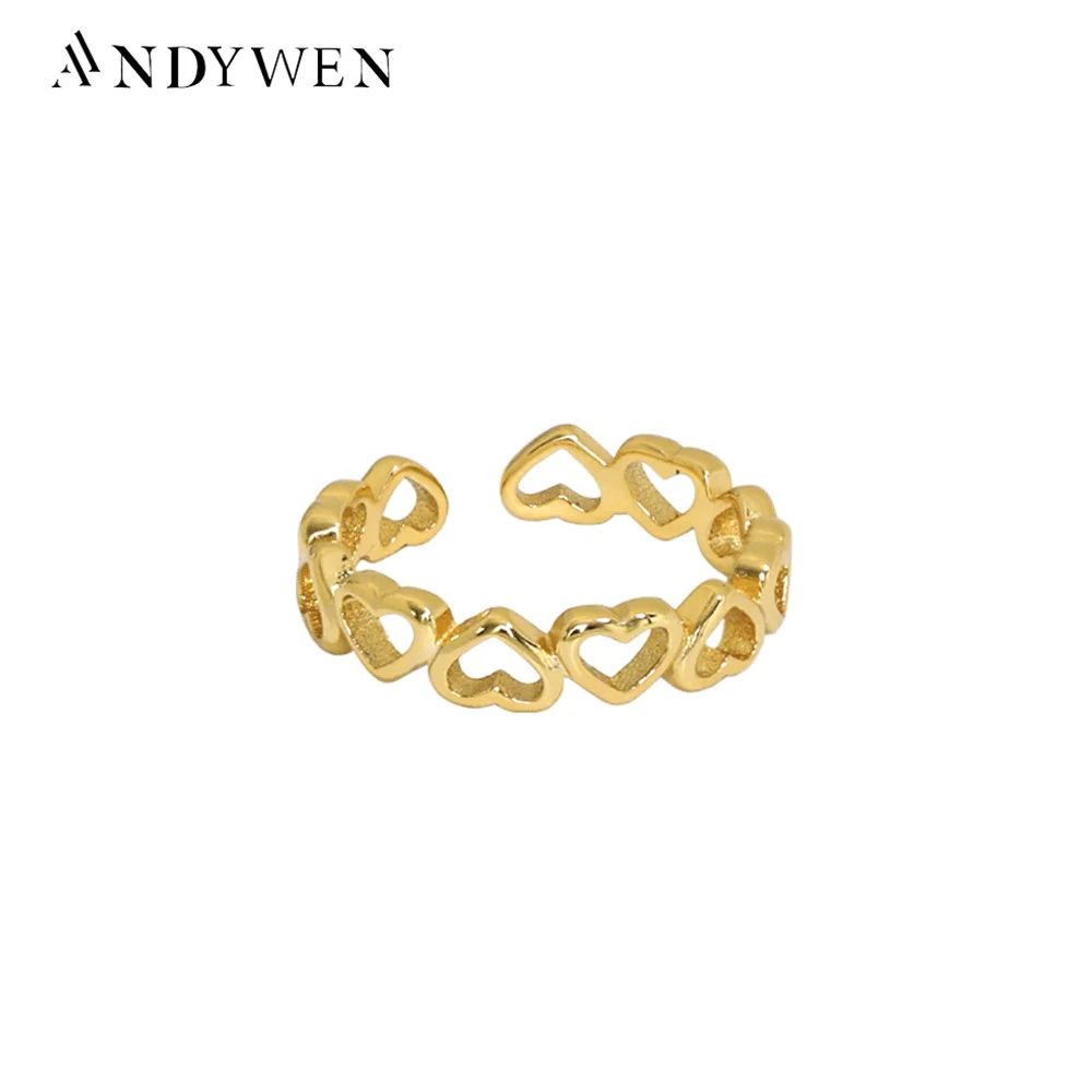 ANDYWEN 925 Sterling Silver Gold Heart Chain Resizable Rings Geometric Irregular Women Fine Jewelry 2021 Wedding Party Jewels