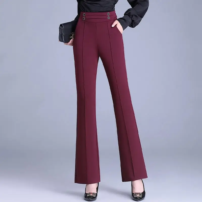 Spring Autumn Elegant Buttons Solid Color Elastic Waist Flare Ladies Fashion Slim High Waist Temperament Pants Women Clothes