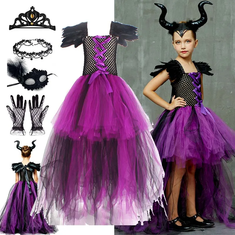 Disfraz de Hada Oscura para Niñas, Vestido Largo de Tul Morado y Negro con Plumas en los Hombros para Fiesta Temática