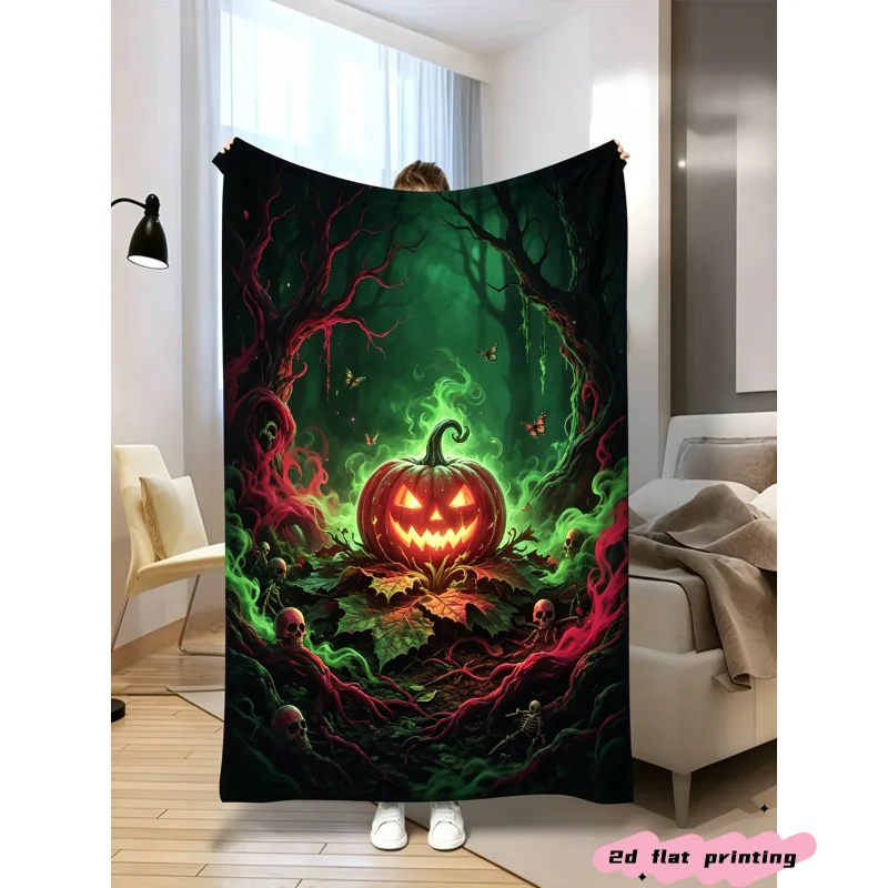 Halloween Pumpkin Throw Blanket Spooky Glowing Dark Forest Skeleton Art Graphic Blanket for Couch Bedroom  Interior Decoration