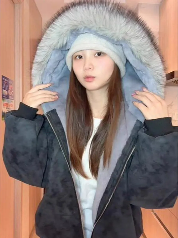 Nuovo Cappotto Primaverile da Donna in Cotone con Cappuccio e Pelliccia Sintetica, Design Aquila Marmorizzata, Vestibilità Ampia e Calda