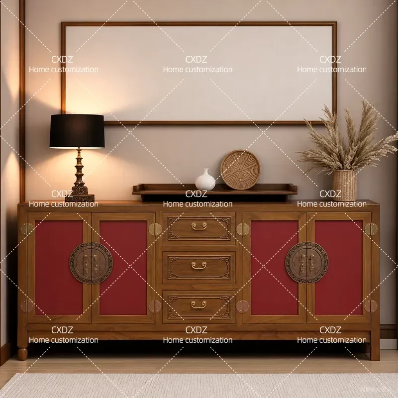New Chinese Style Elm Wood Inlaid Jade Four Door Three Drawer Large Cabinet Floor to Ceiling TV Cabinet Integrated Storage