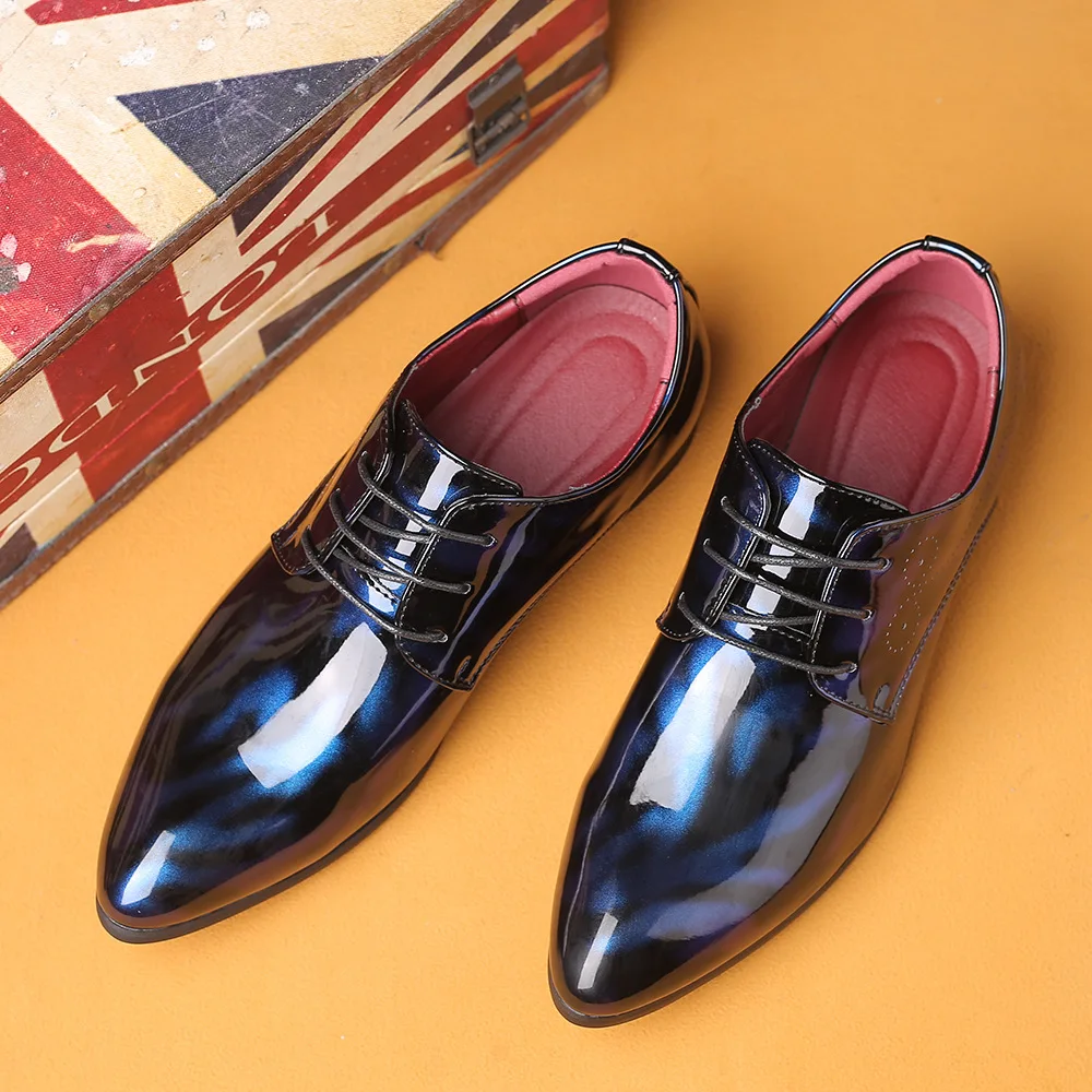 Men Fashion Red Sole Dance Club Derby Shoes For Man Business Dress Lace-Up Printed Patent Leather Men\'s Wedding Party Shoe