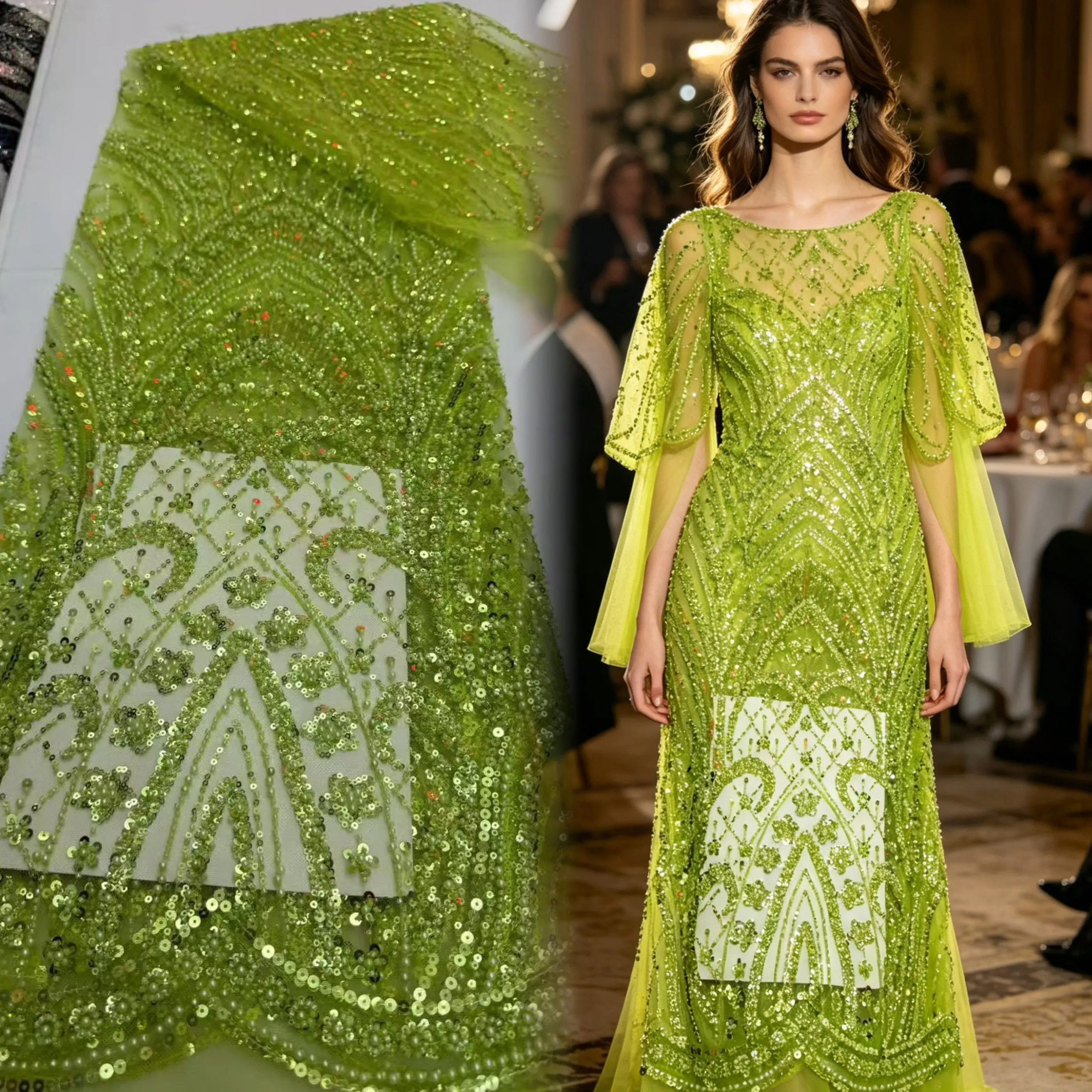 

Elegant African Golden Bead Sequin Lace Fabric High-Quality Nigerian Chiffon for Wedding Party Dress Sewing