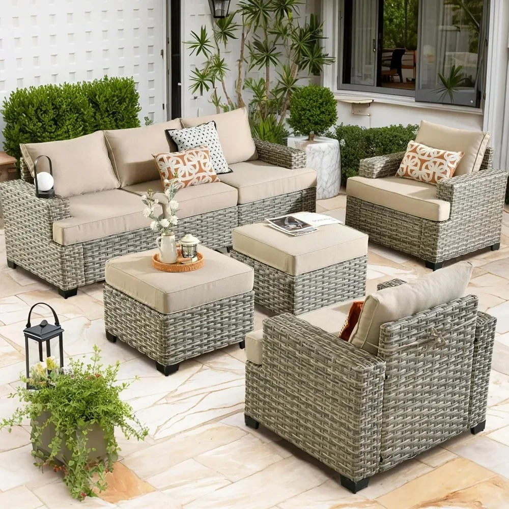 

7 Pieces Outdoor Sectional Rattan Sofa Manual Weaving Wicker Patio Conversation Set with Ottomans and T Cushion