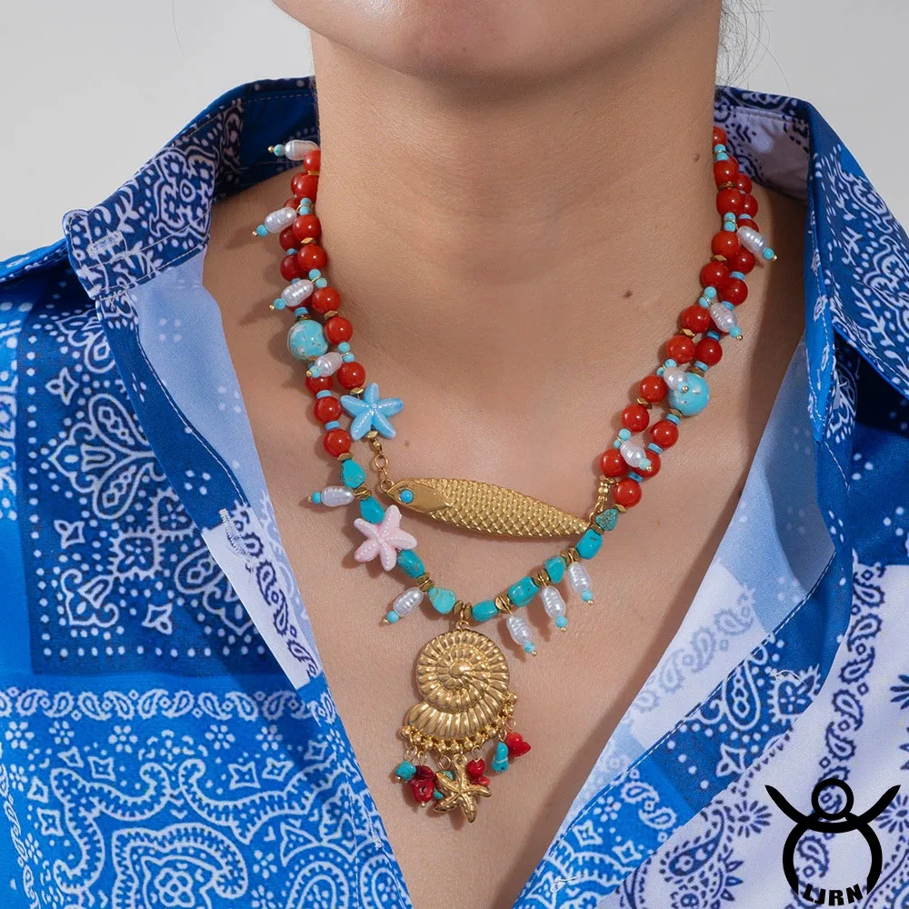 

2025 New Necklace Natural Stone Pearl Fish Conch Pearl Pendant Beaded Handmade Choker Accessories Women Jewelry Gift