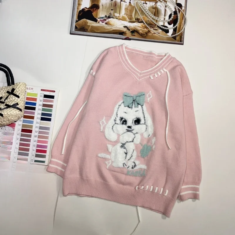 Autumn And Winter New Korean Style Sense Of Design Knitwear Contrast Color V-neck Cute Cartoon Jacquard Youthful-Looking Sweater