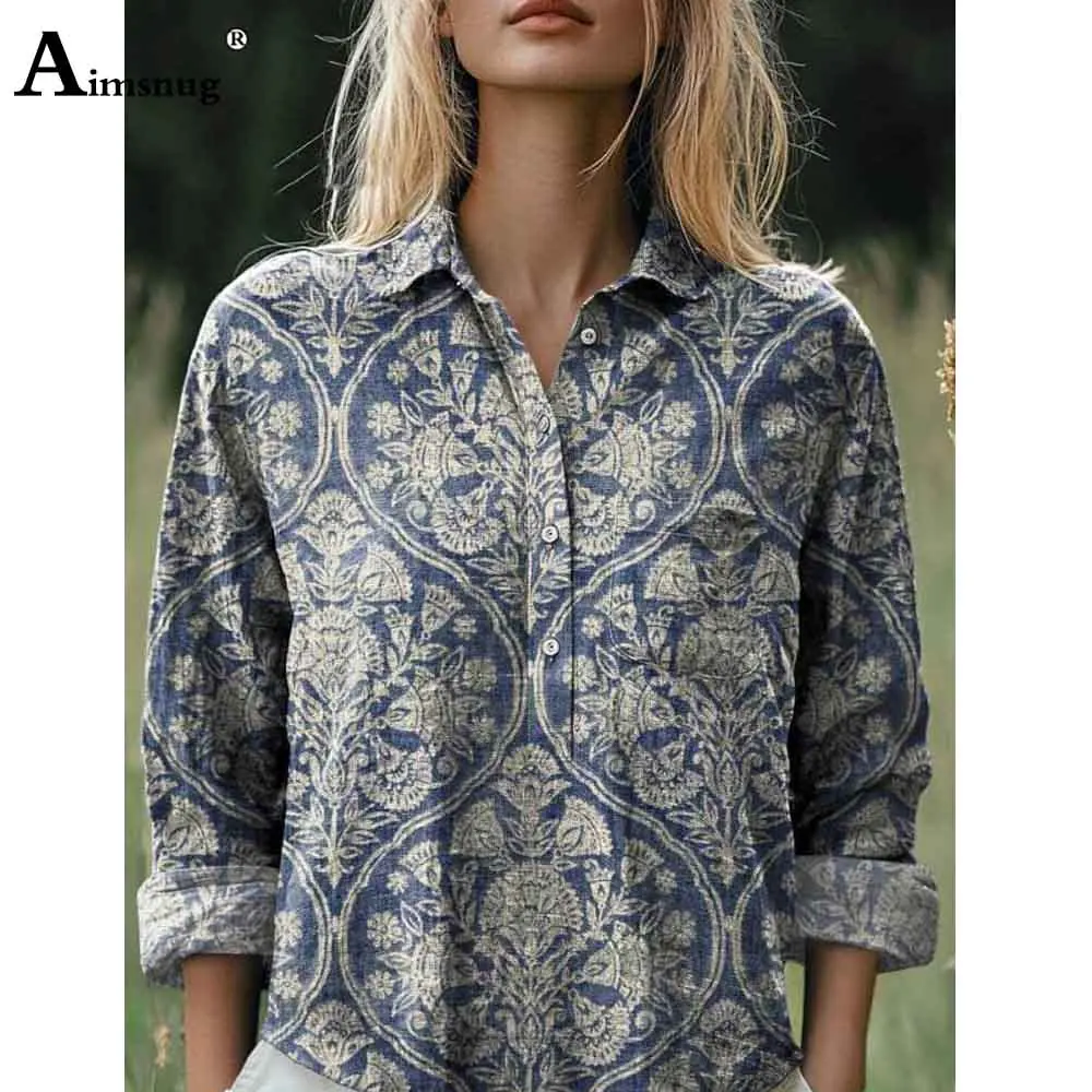 European Style 2025 Womens Long Sleeve Basic Shirts New Casual Beach Tops Blouse Women Boho Flower Print shirt blusas femmes