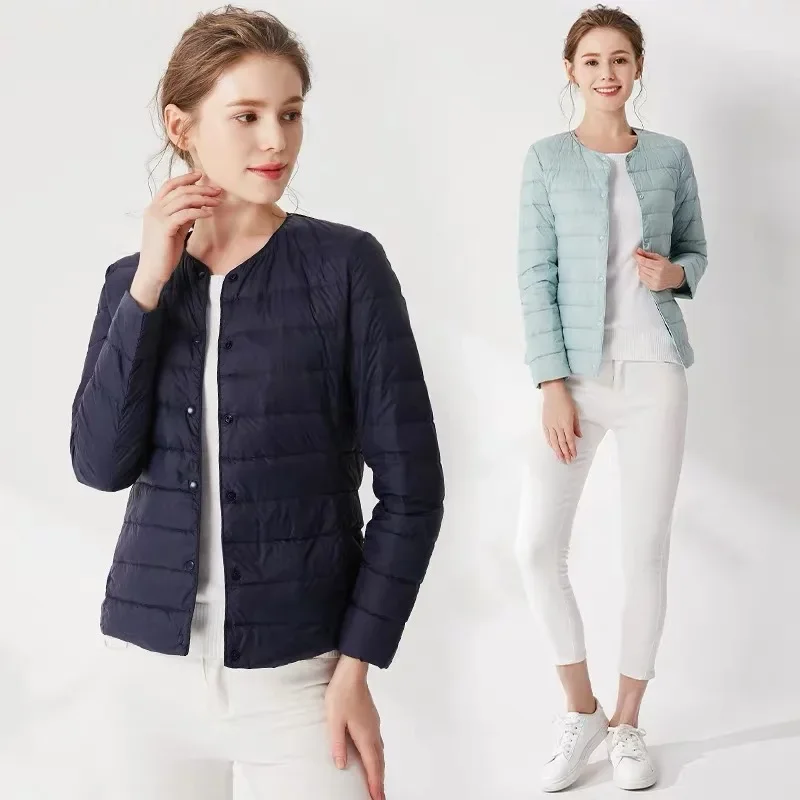 

2024 Fall Spring Autume Collarless Light Quilted Puffer Coat New Women Liner Duck Down Jacket O-neck Variable V-neck Female