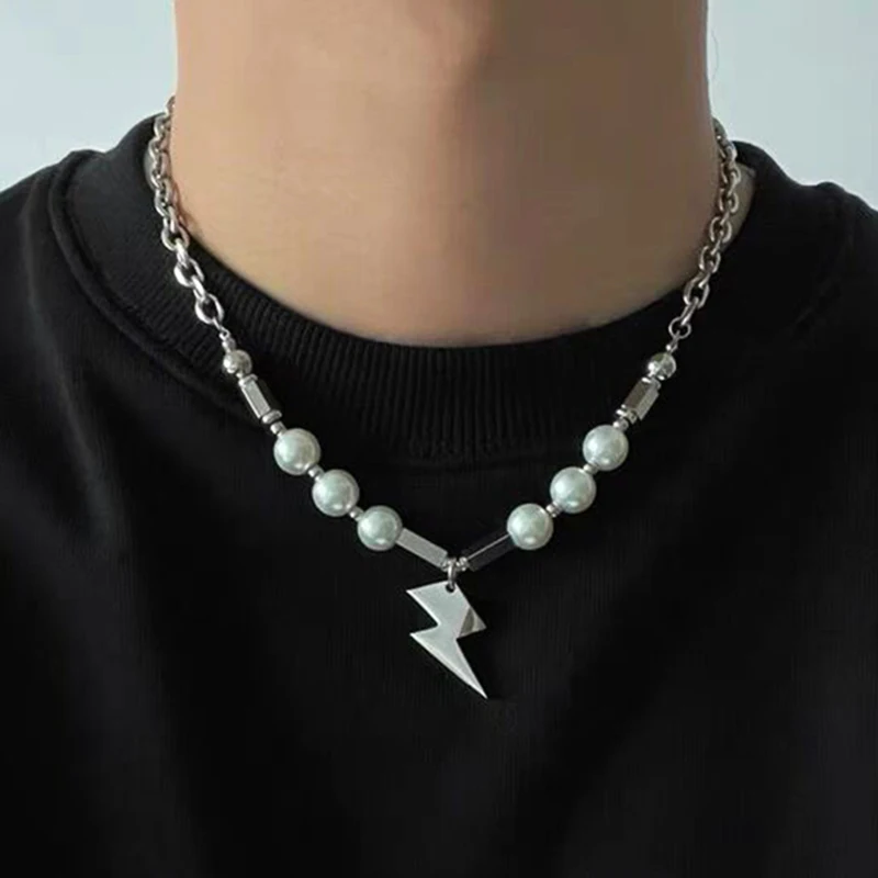 Hip-hop Choker Neck Lightning Shape Pendant Necklace for Women Men Punk Stainless Steel Chain Pearl Necklace Dropshipping